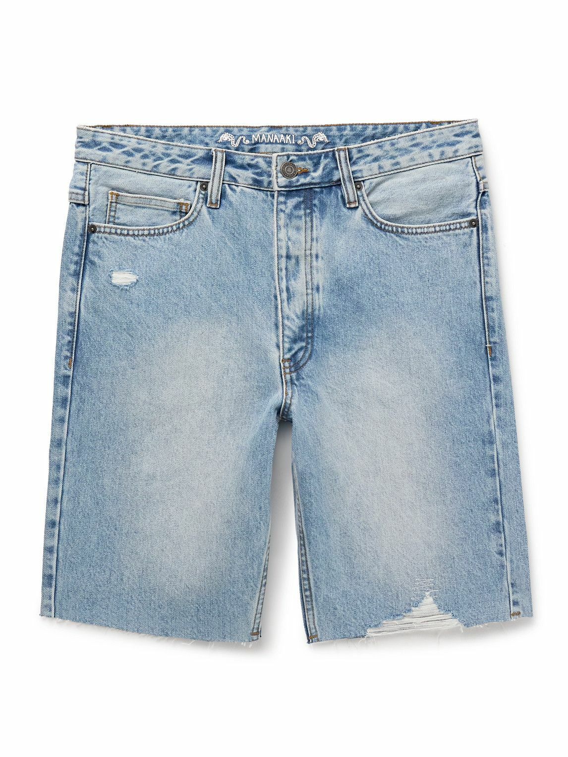 MANAAKI - Tama Slim-Fit Straight-Leg Distressed Denim Shorts - Blue