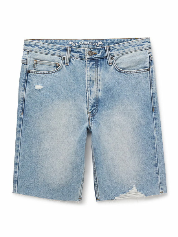 Photo: MANAAKI - Tama Slim-Fit Straight-Leg Distressed Denim Shorts - Blue