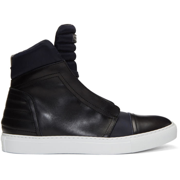Photo: Diesel Black Gold Navy Leather and Nylon High-Top Sneakers