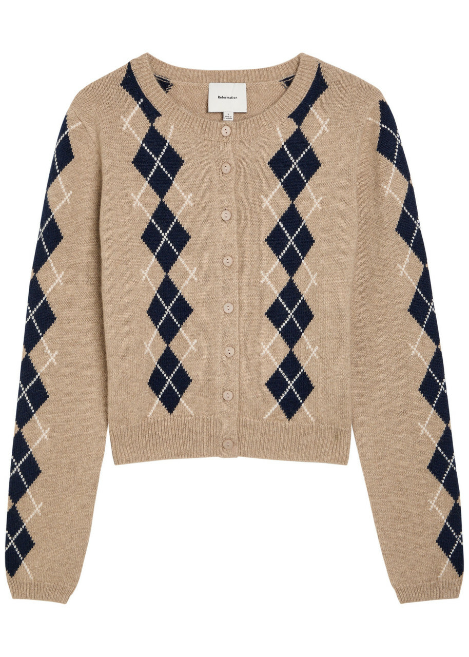 Reformation Clara Argyle Cashmere Cardigan Beige