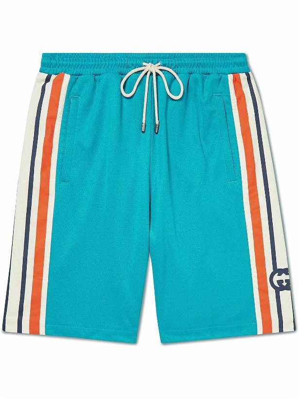 Photo: GUCCI - Wide-Leg Striped Canvas-Trimmed Tech-Jersey Drawstring Shorts - Blue