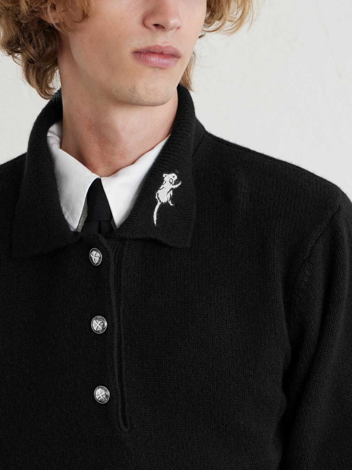 Enfants Riches Déprimés - Rat Embroidered Cashmere Polo Sweater - Black
