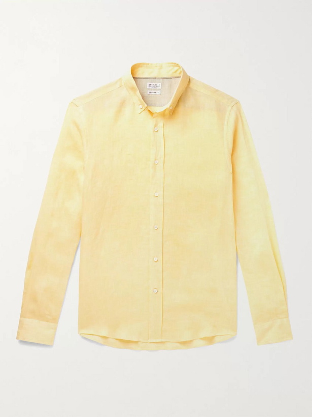 Photo: BRUNELLO CUCINELLI - Button-Down Collar Mélange Linen Shirt - Yellow