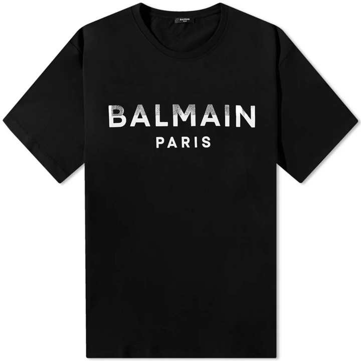 Photo: Balmain Men's Foil Paris Logo T-Shirt in Black/Silver/Cream