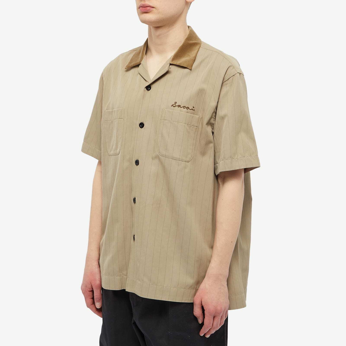 Sacai Men's Chalk Stripe Bowling Shirt in Beige Sacai