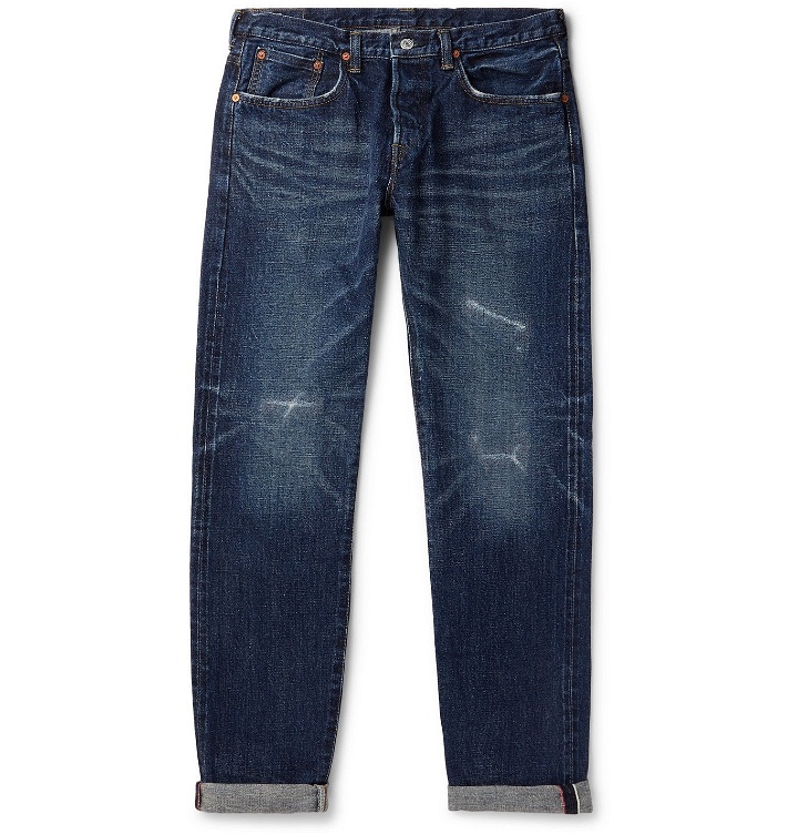 Photo: EDWIN - Slim-Fit Distressed Selvedge Denim Jeans - Blue