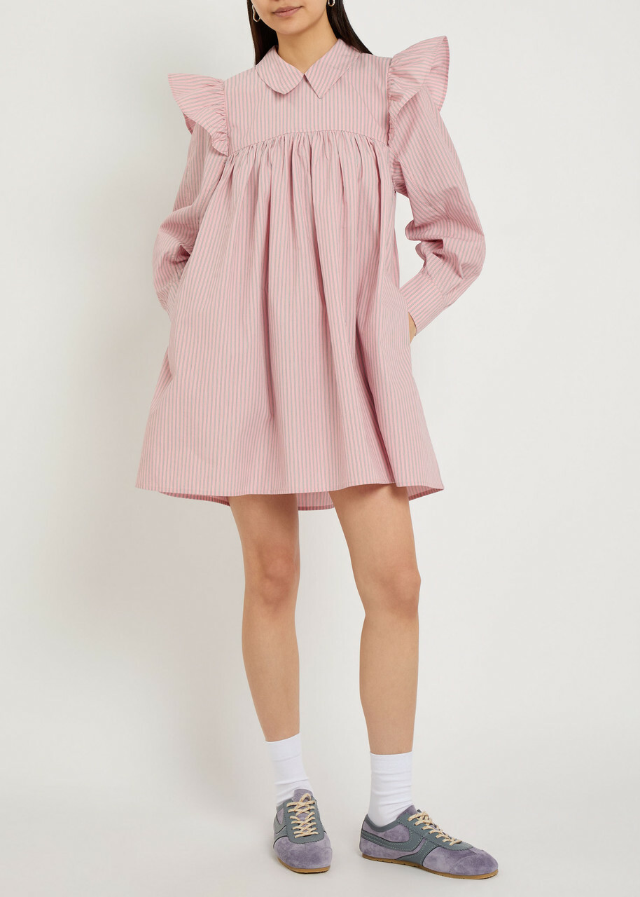 Ganni Striped Cotton-poplin Mini Shirt Dress Light Pink
