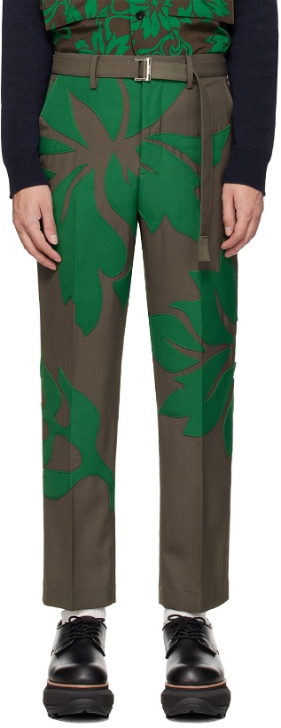 Photo: sacai Taupe & Green Floral Appliqué Trousers