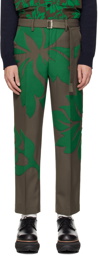 sacai Taupe & Green Floral Appliqué Trousers
