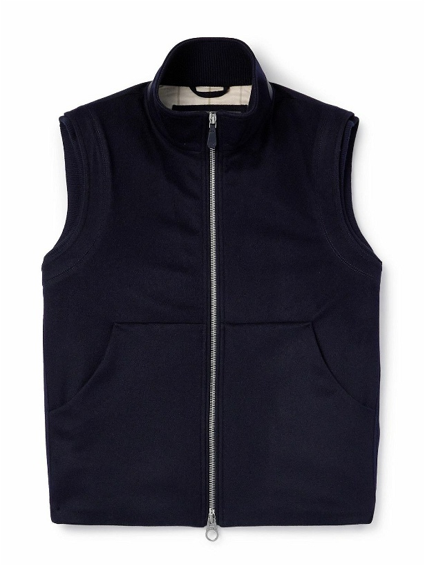 Photo: Loro Piana - Ume Leather-Trimmed Cashmere Zip-Up Gilet - Blue