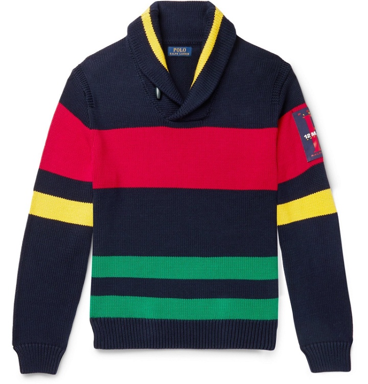 Photo: Polo Ralph Lauren - Shawl-Collar Appliquéd Striped Cotton Sweater - Multi
