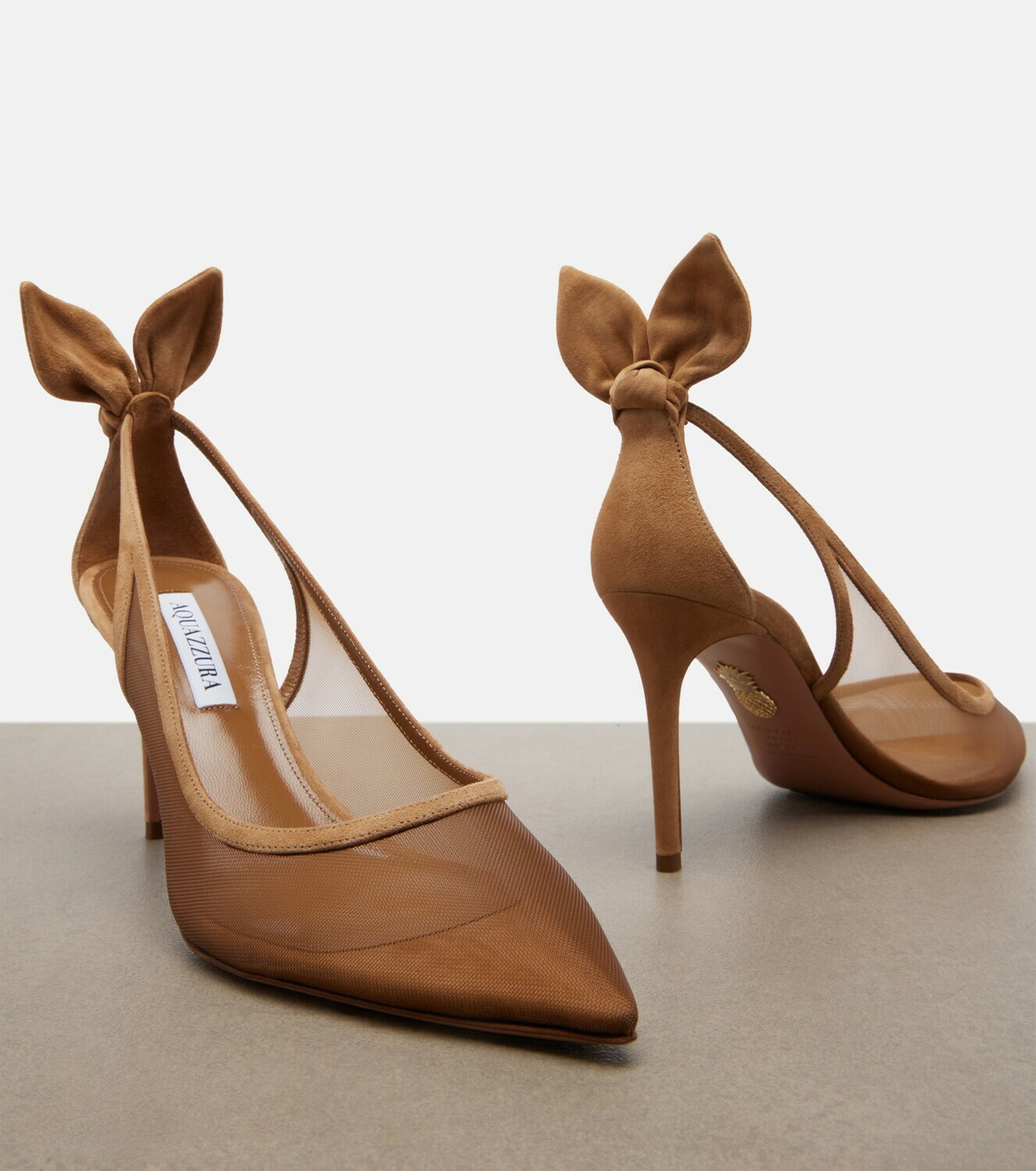Aquazzura Bow Tie suede-trimmed mesh pumps