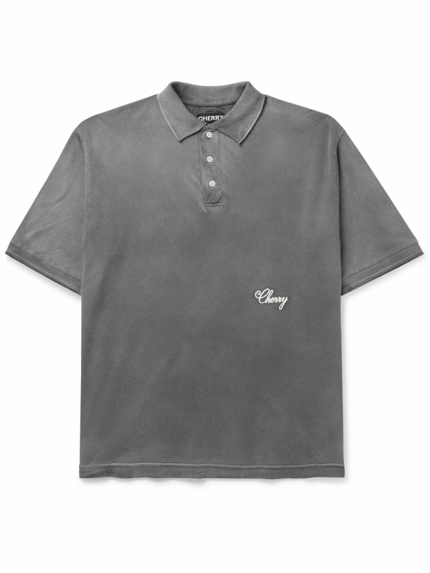 Photo: CHERRY LA - Logo-Embroidered Washed Cotton-Piqué Polo Shirt - Gray