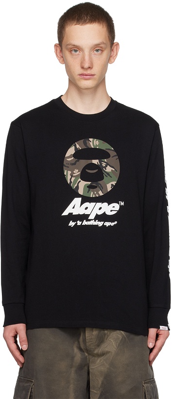 Photo: AAPE by A Bathing Ape Black Printed Long Sleeve T-Shirt