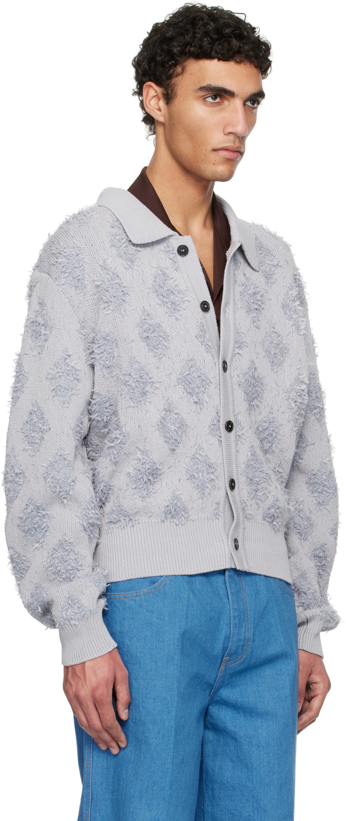 RECTO Gray Fringe Jacquard Knit Cardigan