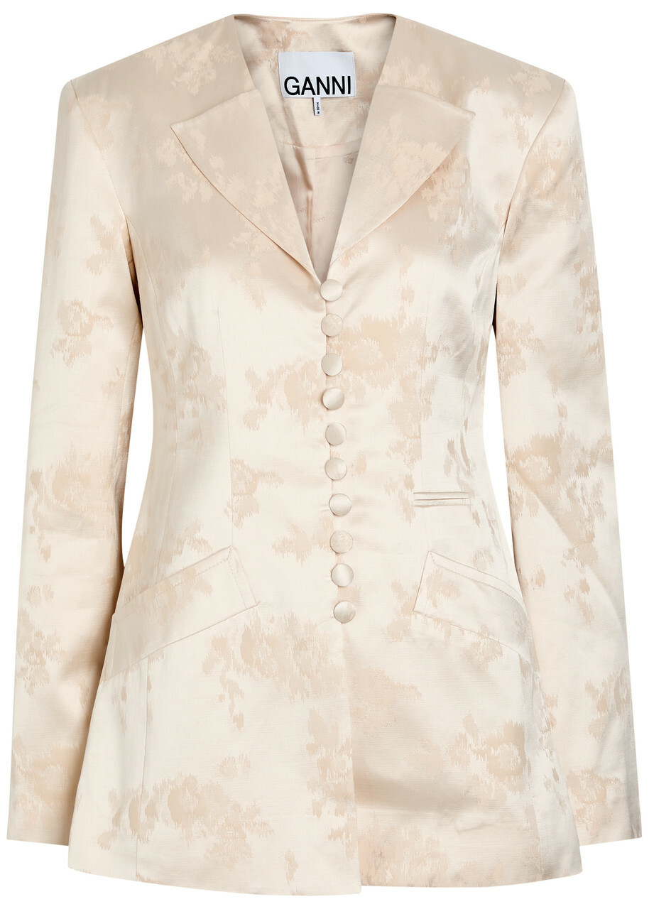 Ganni Floral-jacquard Satin Blazer White