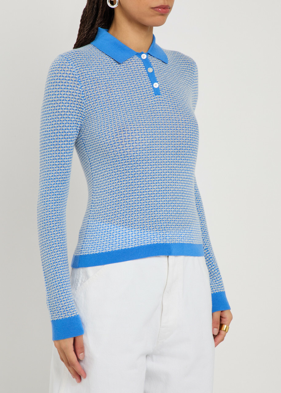 Guest In Residence Shrunken Patterned Cashmere Polo top Light Blue