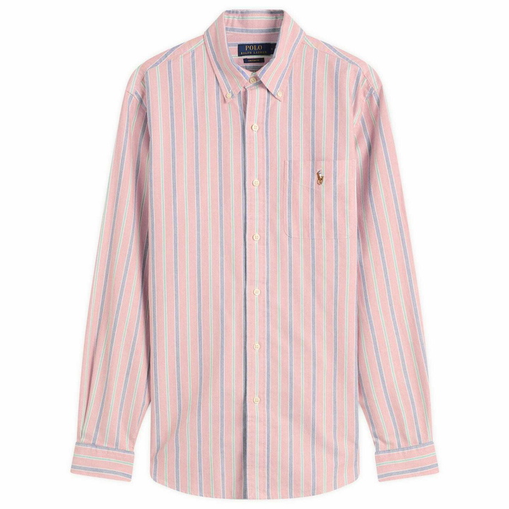 Photo: Polo Ralph Lauren Men's Button Down Stripe Oxford Shirt in Orange Royal Multi