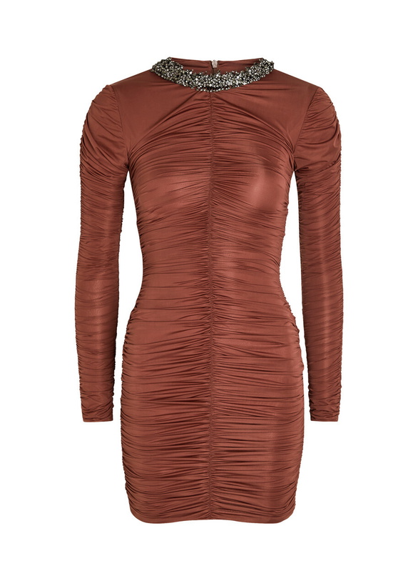 Photo: The New Arrivals Ilkyaz Ozel Ross Embellished Ruched Stretch-jersey Mini Dress Brown
