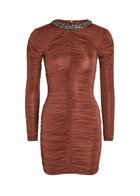 The New Arrivals Ilkyaz Ozel Ross Embellished Ruched Stretch-jersey Mini Dress Brown