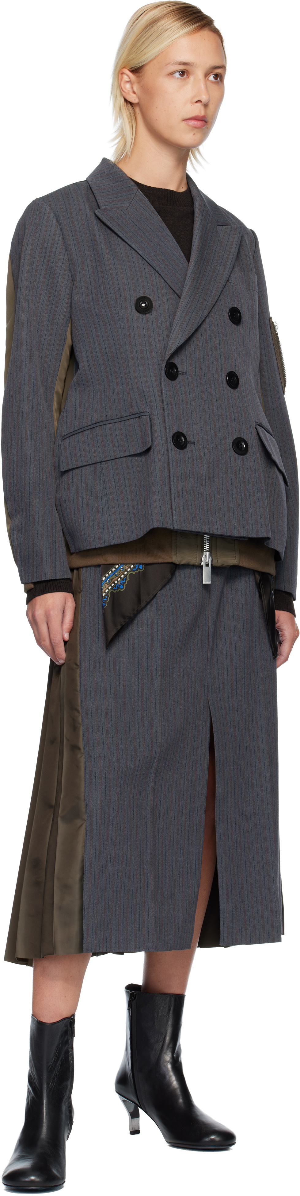 sacai Gray Stripe Doeskin & Nylon Twill Blazer