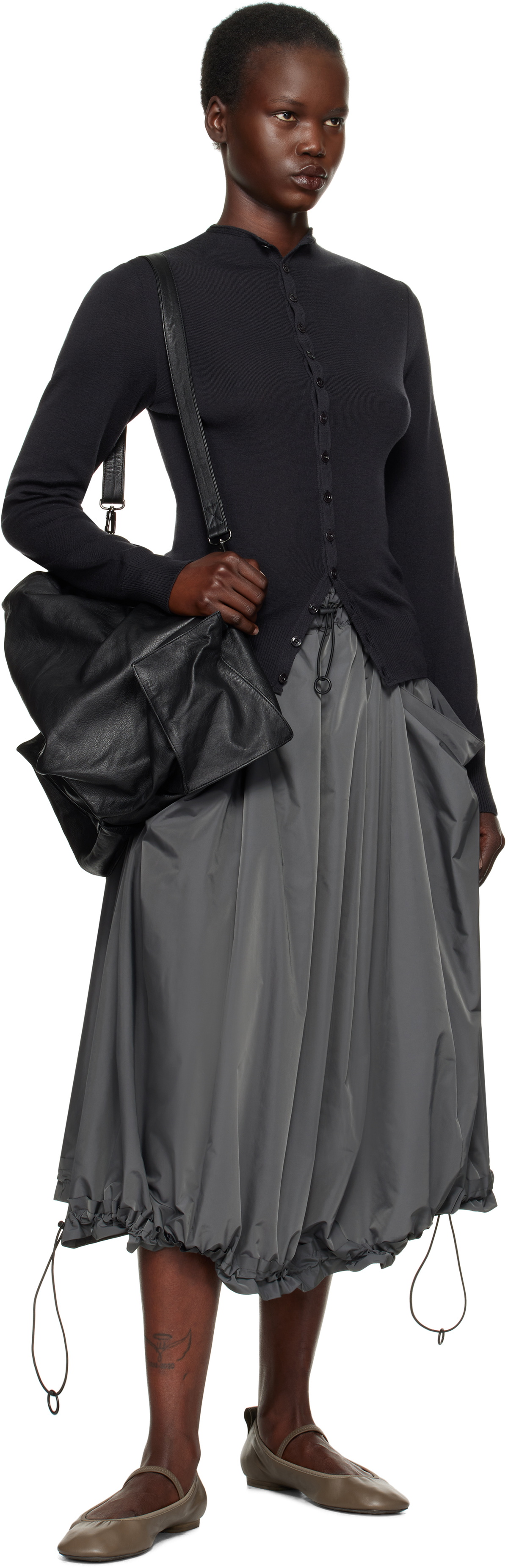 YOHJI YAMAMOTO Gray PE Twill R-Volume Midi Skirt