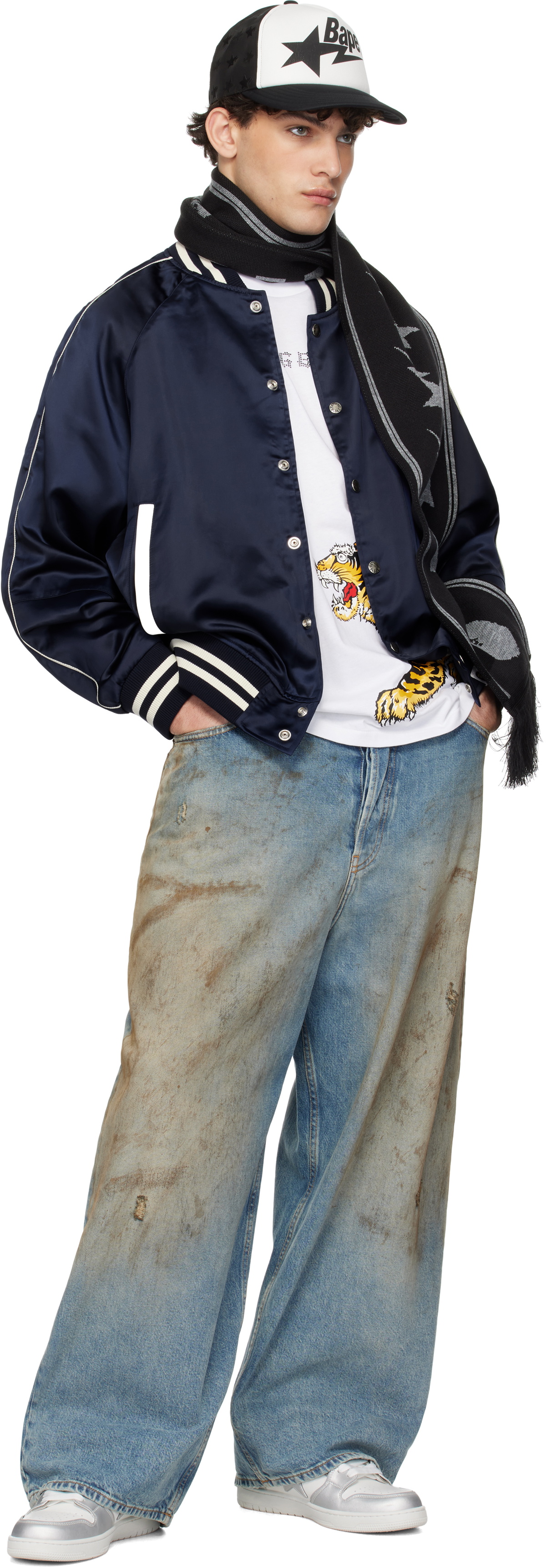 BAPE Navy 'A Bathing Ape' Nylon Varsity Bomber Jacket A Bathing Ape