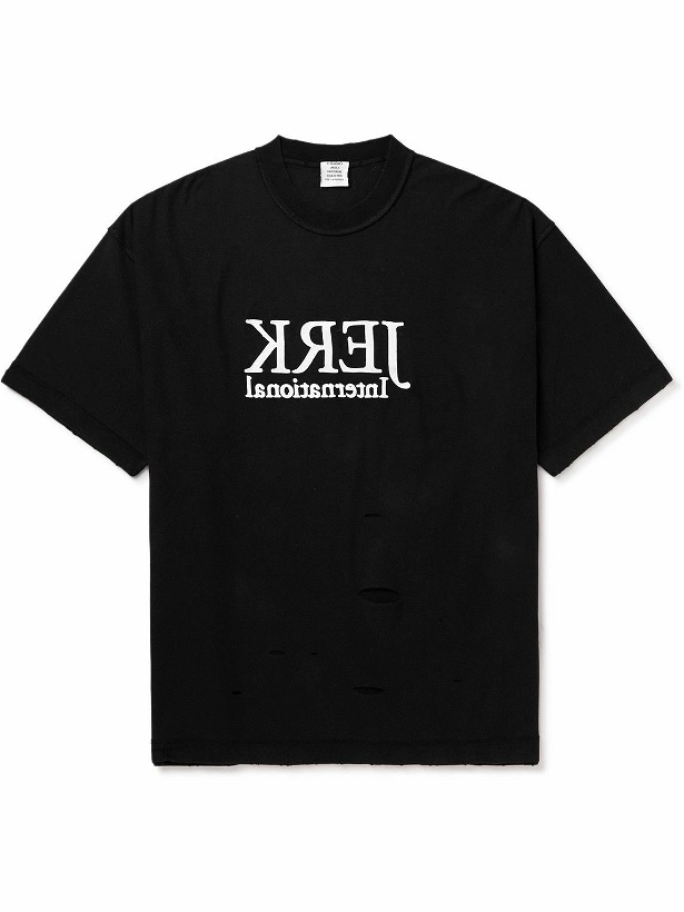 Photo: VETEMENTS - Logo-Embroidered Distressed Cotton-Jersey T-Shirt - Black