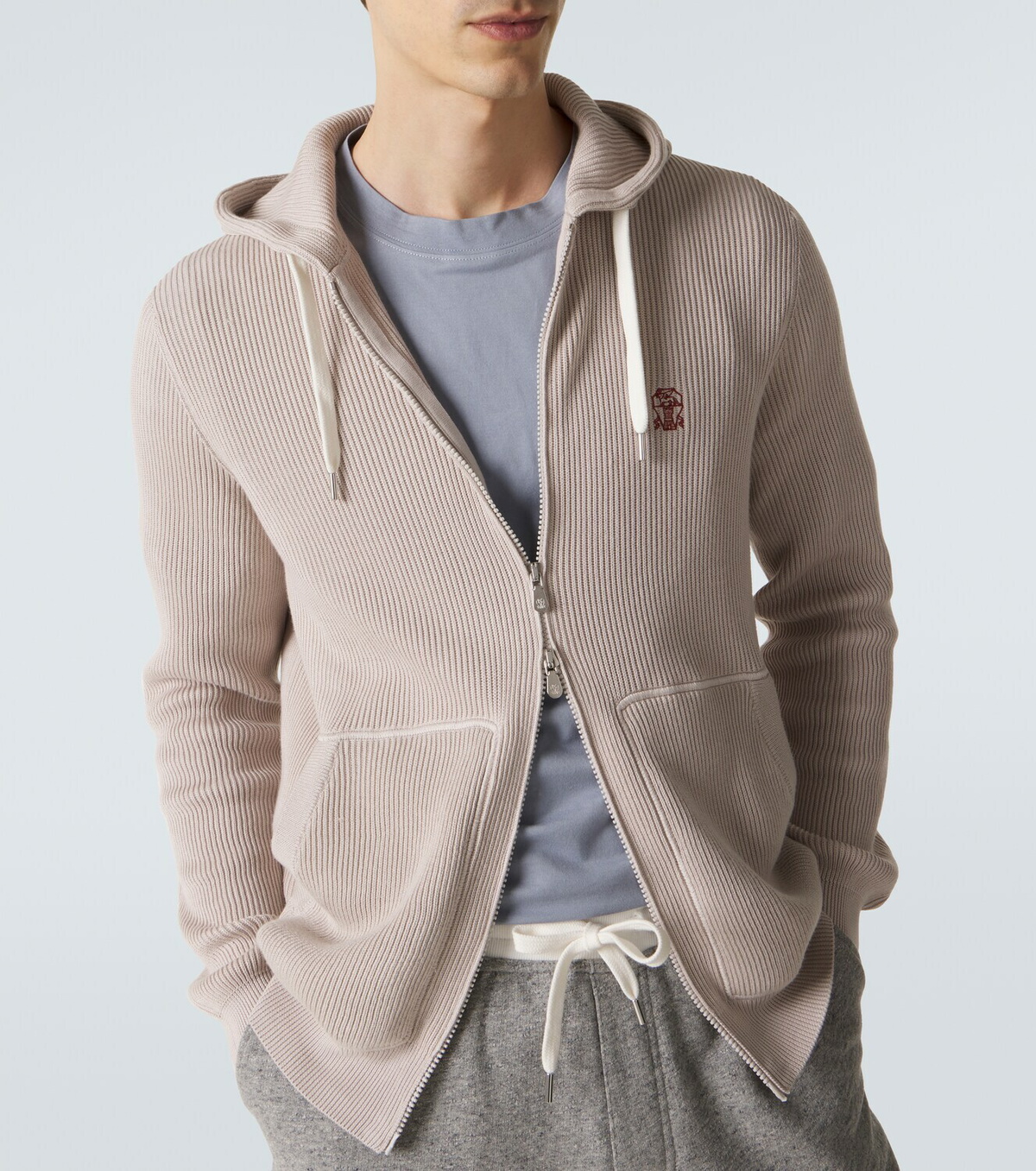 Brunello Cucinelli Logo ribbed-knit cotton zip-up hoodie