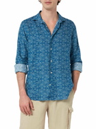 MC2 Saint Barth Man Navy Blue Linen Shirt Pamplona With Sashiko Print