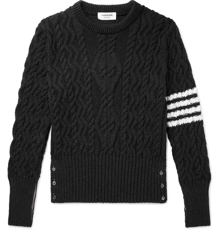 Photo: THOM BROWNE - Striped Cable-Knit Merino Wool Sweater - Gray