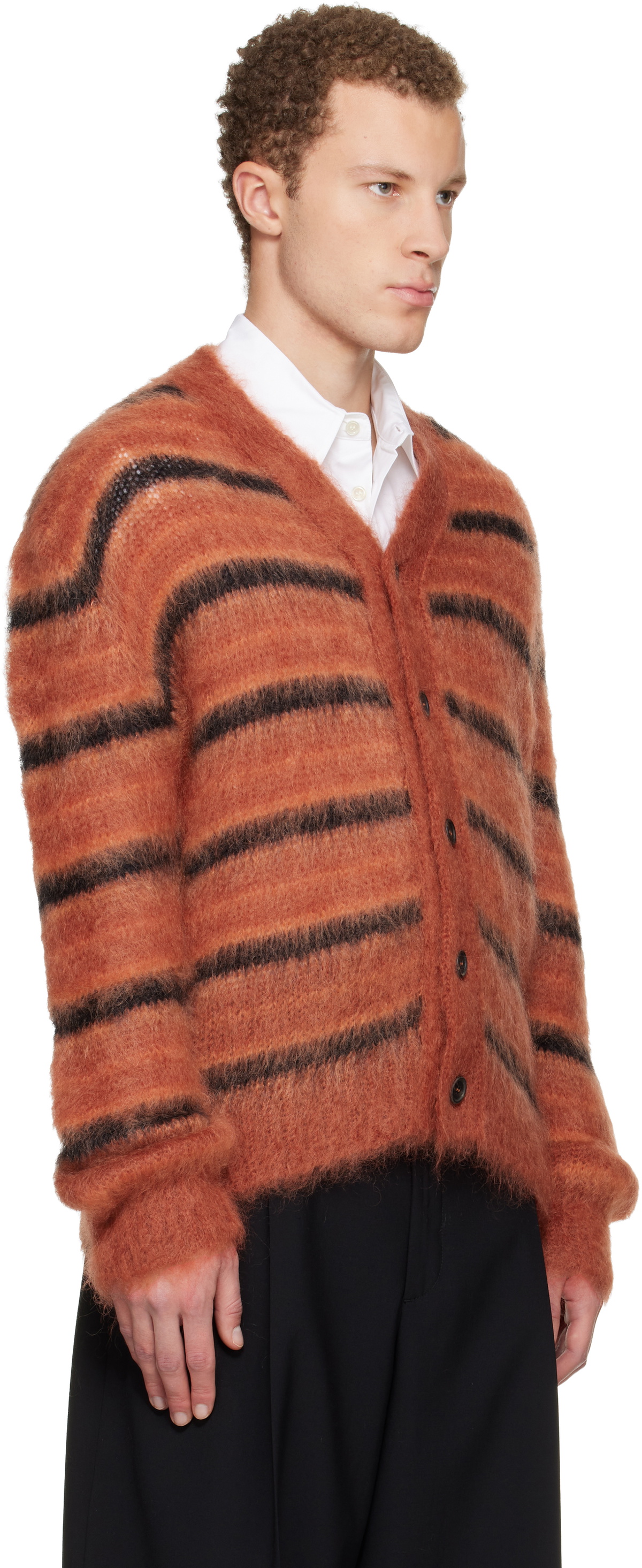 Marni Red & Black Fuzzy Wuzzy Stripe V-Neck Cardigan