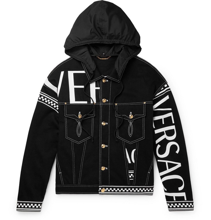 Photo: Versace - Logo-Print Hooded Denim Jacket - Black