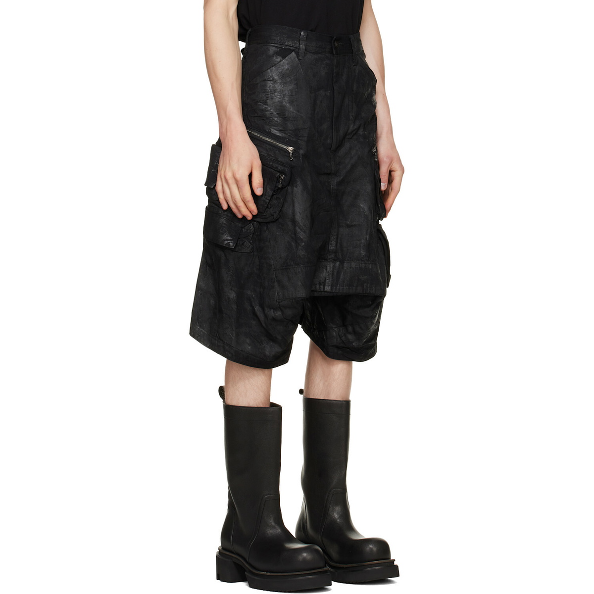 Julius Black Coated Tactical Kite Denim Shorts