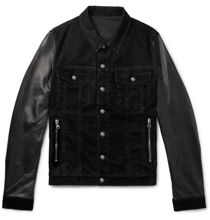 Photo: Balmain - Slim-Fit Logo-Print Denim and Leather Jacket - Black