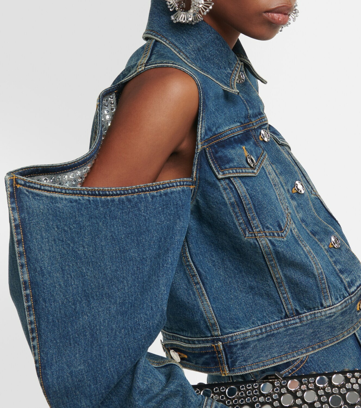 Area Embellished cutout denim jacket AREA