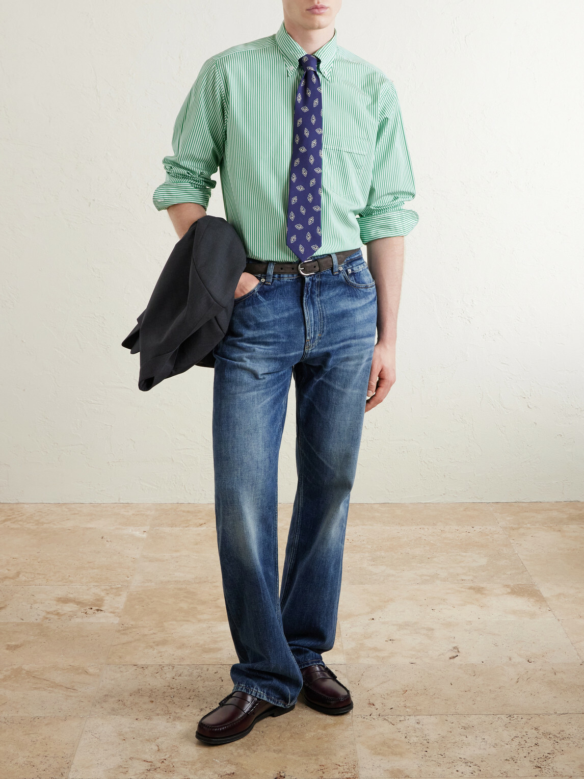 Drake's - Button-Down Collar Striped Cotton-Poplin Shirt - Green
