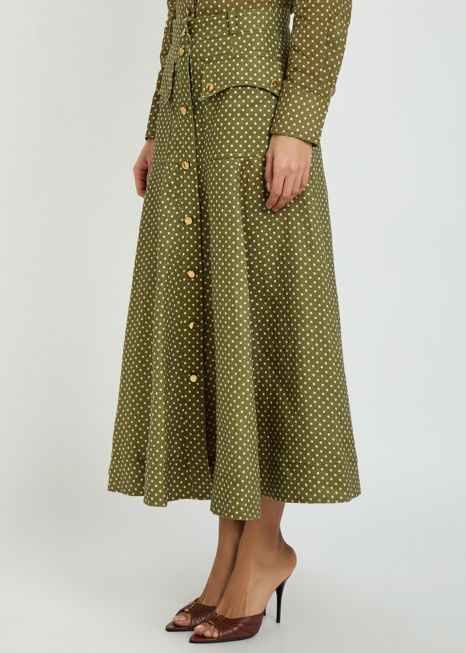 Zimmermann Luna Cargo Patterned Linen Midi Skirt Olive