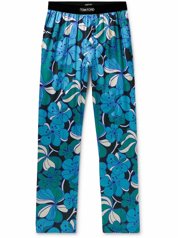 Photo: TOM FORD - Straight-Leg Velvet-Trimmed Printed Stretch-Silk Pyjama Trousers - Blue