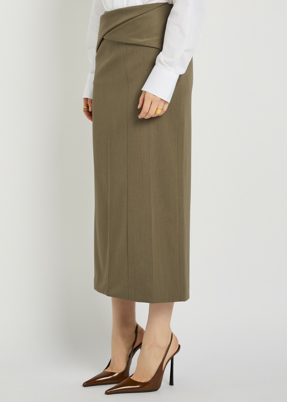 Victoria Beckham Wrap-detail Wool-blend Midi Skirt Sage