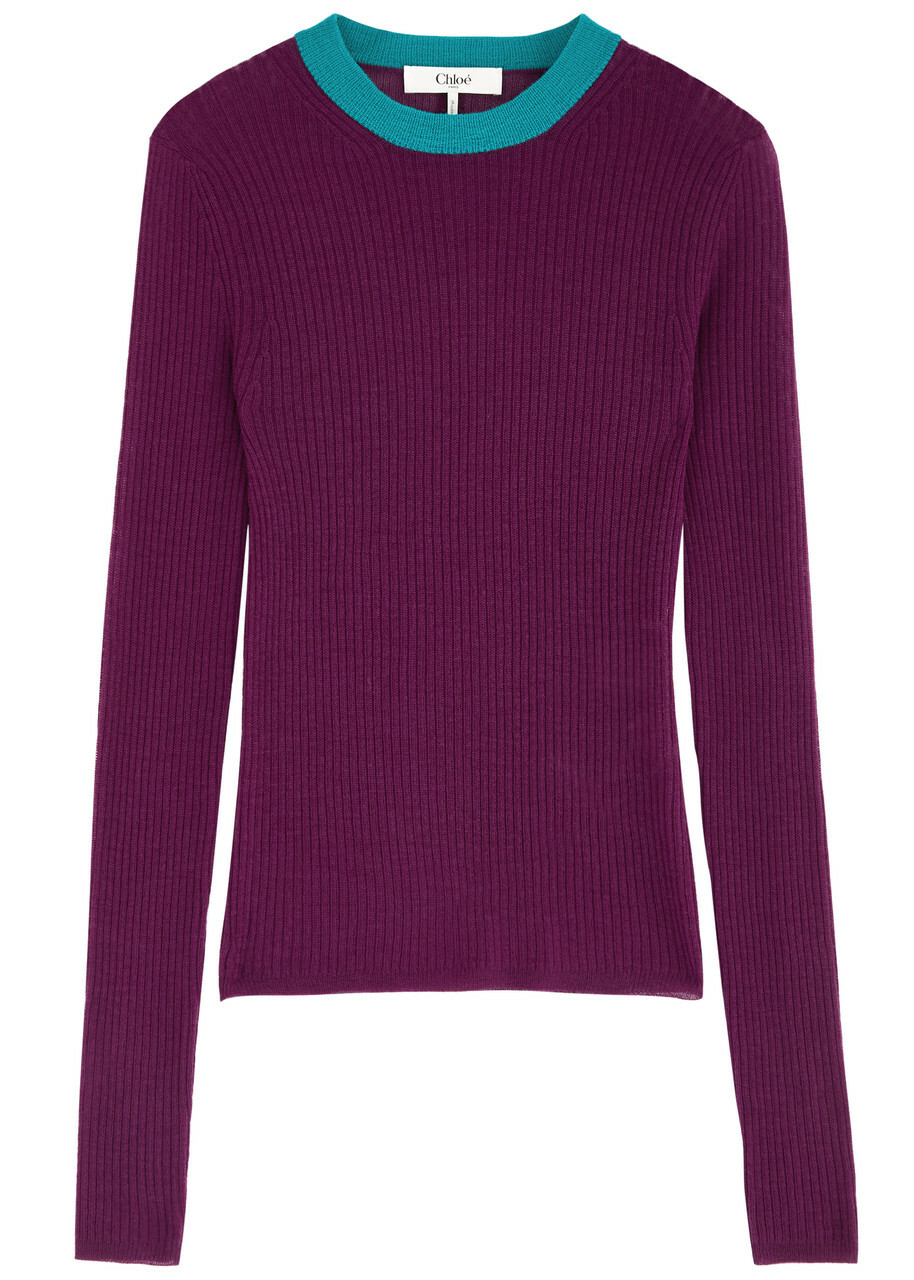 Chloe Ribbed Semi-sheer Wool Jumper Purple