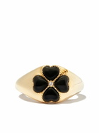 Yvonne Léon 9K Yellow Gold Onyx Flower Diamond Signet Ring