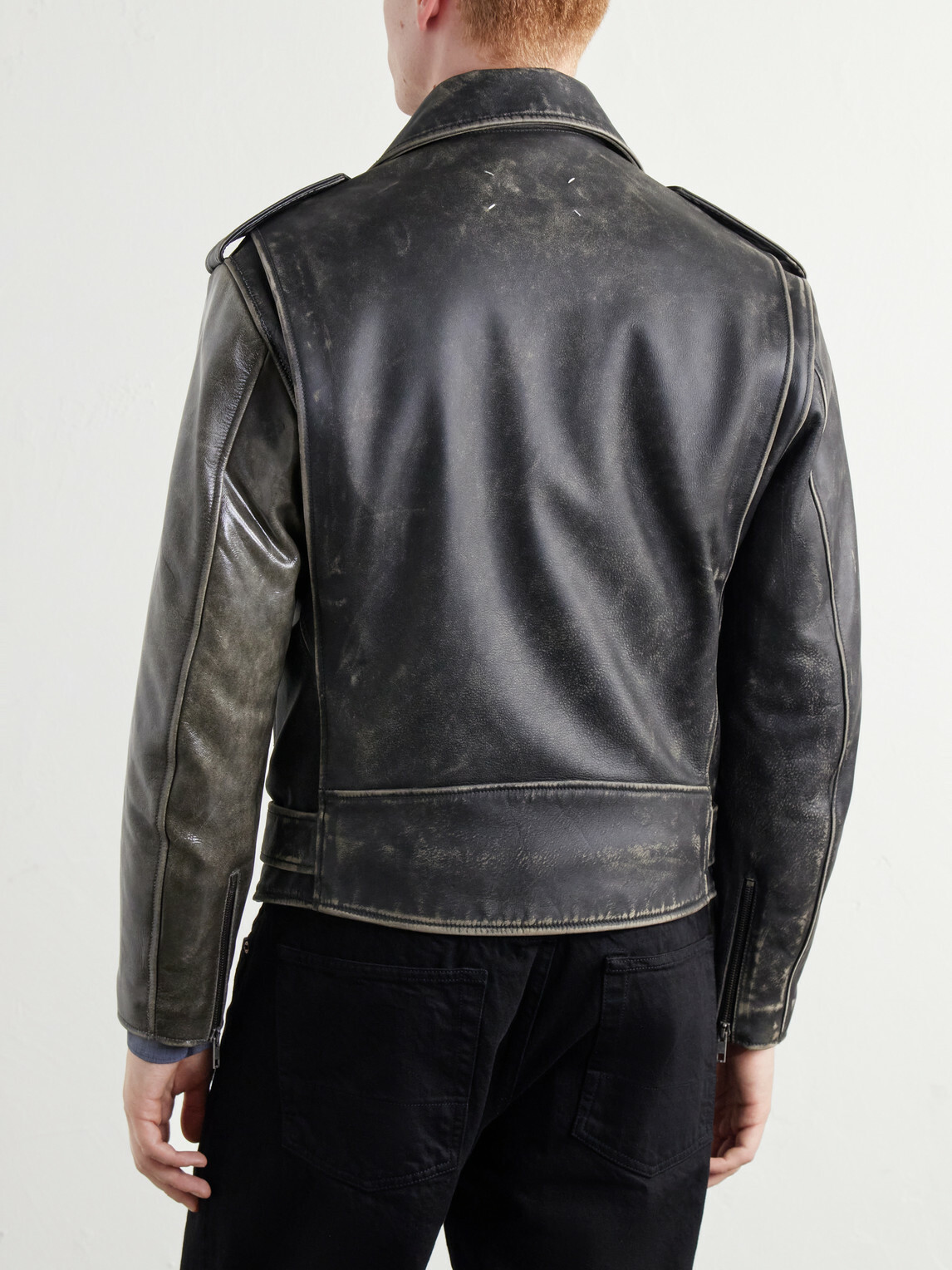 Maison Margiela - Belted Distressed Leather Biker Jacket - Brown