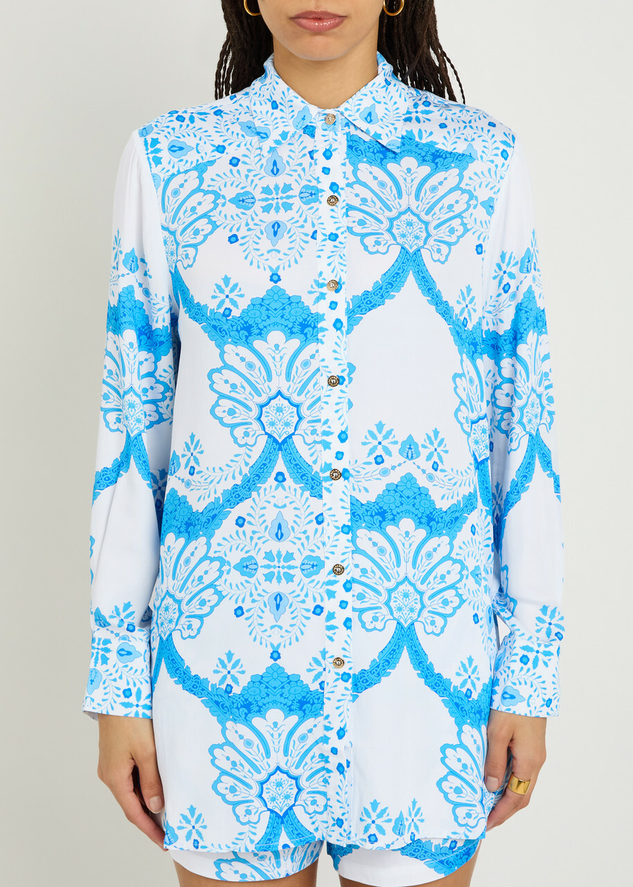 Melissa Odabash Paige Printed Woven Cover-up Shirt Blue And White