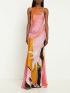 LOUISA BALLOU Plunge Printed Satin Silk Long Dress