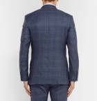 Kingsman - Harry's Navy Double-Breasted Checked Wool, Silk and Linen-Blend Suit Jacket - Blue