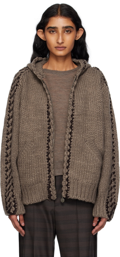 Photo: OPEN YY Brown Stitch Zip Up Knit Hoodie
