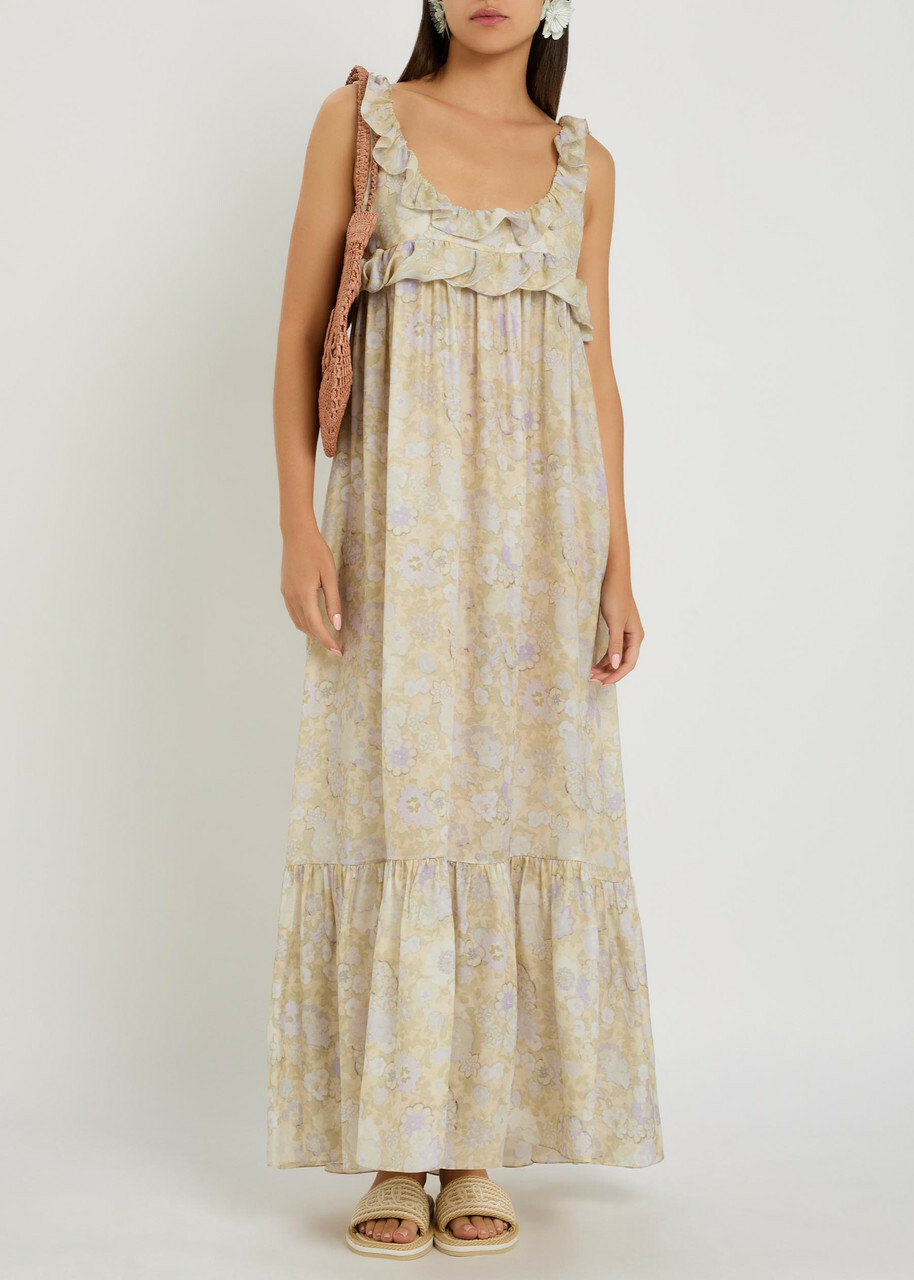 Chloe Floral-print Frill Silk Maxi Dress Purple
