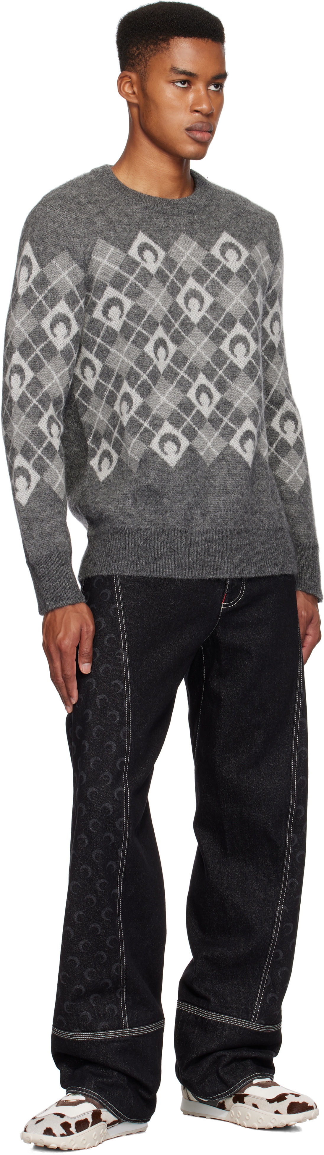 Marine Serre Gray Moon Argyle Knit Crewneck Sweater