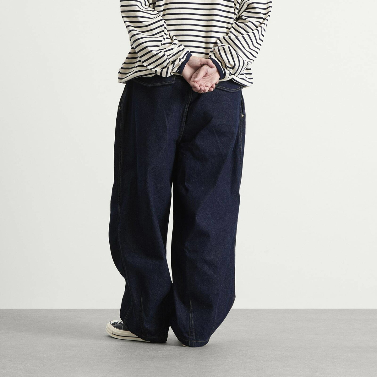 Anglan Men's Rigid Indigo Denim Balloon Pants in Dark Blue Anglan